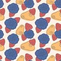 Vector seamless abstract pattern with strawberry and flowers elements. Retro style illustration, print for kitchen textile in blue, red and beige color