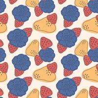 Vector seamless abstract pattern with strawberry and flowers elements. Retro style illustration, print for kitchen textile in blue, red and beige color