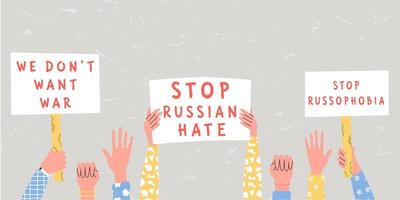 detener el odio ruso, manifestación anti-rusofobia. manos sosteniendo pancartas. detener la propagación de la protesta racista. ilustración vectorial plana vector