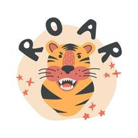 ilustración vectorial de tigre rugiente con letras, aislado en fondo blanco. lindo animal africano divertido para niños, puede usarse como una pegatina, una camiseta impresa, un afiche vector