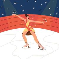 patinadora de figuras femeninas ilustración de vector plano de dibujos animados aislados en colores de moda. deporte de invierno, bailarina de hielo, mujer gimnasta, campeonato, actividad de competencia elemento de diseño moderno