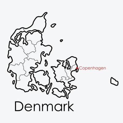 Denmark map freehand drawing on white background.