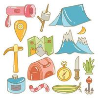 summer camping, tent, compass and hiking equipment color illustration vector