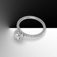anillo de compromiso de halo de oro blanco con piedra central de corte ovalado y piedras laterales en el vástago 3d renderizado foto