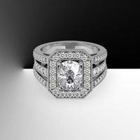 cushion cut center diamond halo engagement ring with 3 line stones on shank 3d render photo