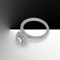 white gold halo engagement ring with cushion cut center stone and side stones on shank 3d render photo