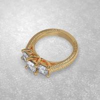 three stone engagement ring laying down position in metal gold 3D render photo