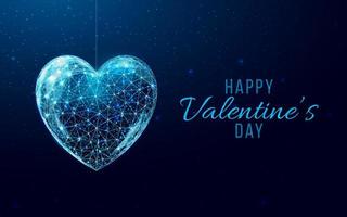 Happy Valentine's day banner. Wireframe heart in low poly style.   Abstract modern 3d vector illustration on dark blue background.