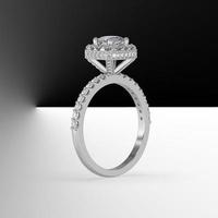 white gold halo engagement ring with cushion cut center stone and side stones on shank 3d render photo