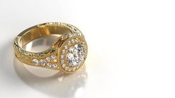 halo engagement ring in yellow gold with filigree on shank photo