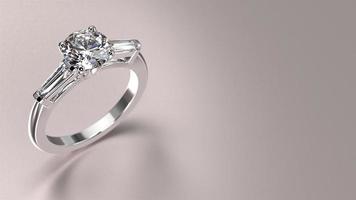 anillo de compromiso de oro blanco con render 3d de diamantes con hermoso fondo foto