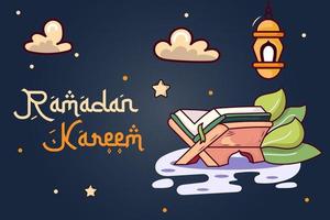 ramadan kareem background with quran,  leaves, lanterns, clouds and stars hand draw style vector