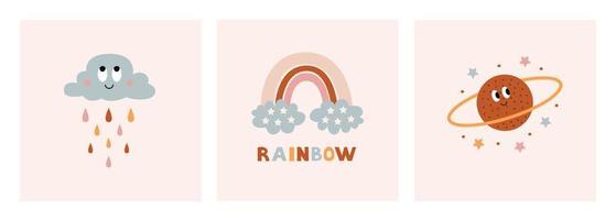 Vector set of cards with cute rainbow, cloud and cosmic elements in scandinavian boho style. Trendy celestial clip art decoration for baby nursery in pastel colors.