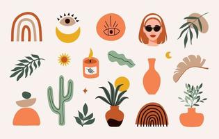 Vector set of hand drawn various shapes, tropical elements plants and doodle objects. Abstract contemporary trendy design in boho style