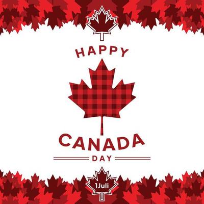 Canada Day greeting card background - with red checkered pattern. Red Happy Canada Day Canadian maple leaf July 1 greeting card vector