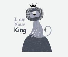 a cute funny lion in a crown. Isolated objects on white background. Scandinavian style flat design. Concept for children print. vector