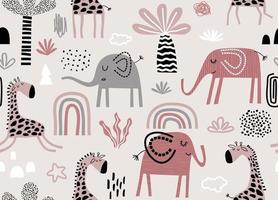 Colorful seamless pattern with cute  elephants and giraffes.