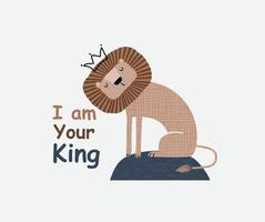 a cute funny lion in a crown. Isolated objects on white background. Scandinavian style flat design. Concept for children print. vector