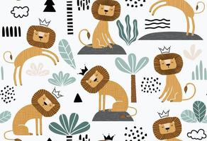 Seamless pattern with cute cartoon lion. vector