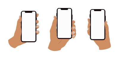 Variety of hands holding smartphones with empty screen . Modern vector illustration of hands holding cell phones with a plain screen. Web, App design infographics. Hand drawn flat isolated elements.