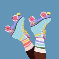 Roller skates on woman legs with long socks. Girls wearing roller skates. Hand-drawn trendy illustration of legs and rollerblades. Female legs. vector