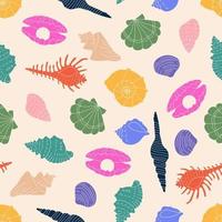 Colorful marine undersea elements. Hand drawn sea shell , colorful shells flat vector illustration. Cartoon clam, oyster and scallop shells, conches of mollusk and sea snail. Square seamless Pattern.