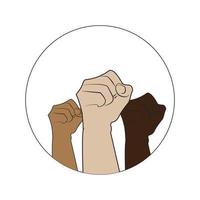 People of various nationalities and races raised their fists. Protest, stop racism, concept of equality. Fight for your rights. Human hands with clenched fists. Flat vector illustration