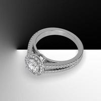 anillo de compromiso de halo de oro blanco con piedra central redonda y vástago dividido 3d renderizado foto