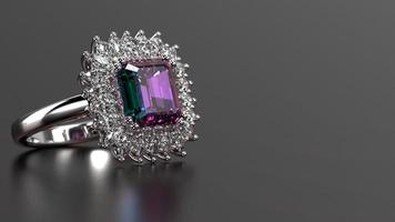 alexandrite emerald cut stone halo ring 3d render in white metal photo