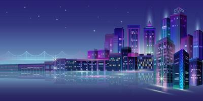 Night City Panorama with Neon Glow on Dark Background. Vector. vector