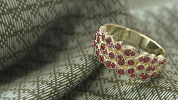 leaf and flower pattern band in yellow gold and ruby stone 3d render photo