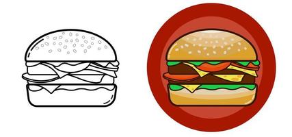 hamburguesa con sésamo, jamón de carne y queso en dos tipos de ilustración, contorno y color en redondo rojo aislado, icono, símbolo, logotipo vector