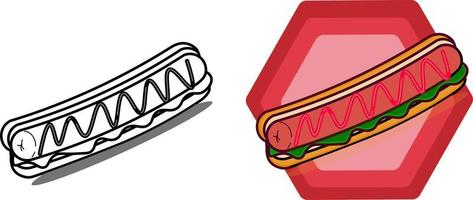 Sausage hot dog with hot sauce in two type of illustration, outline and color in red hexagon shape isolated, icon, symbol, logo vector