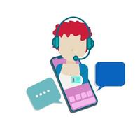 Woman Marketing, information assistant, costumer service or helpdesk on a smartphone hold by hand in flat design cartoon style, for web page, presentation or costumer service purpose vector