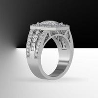 cushion cut center diamond halo engagement ring with 3 line stones on shank 3d render photo