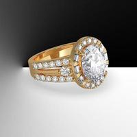 yellow gold halo engagement ring with oval center stone and side diamonds on split shank 3d render photo