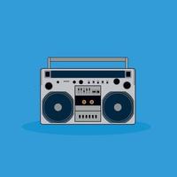 Vector illustration of Retro cassette tape recorder isolated on blue background. Outline icon. Retro boombox trendy style. Retro portable stereo radio cassette recorder.