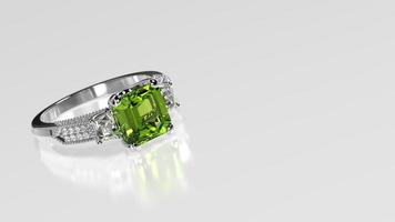 peridot emerald cut three stone ring in white metal photo