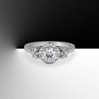 anillo de compromiso de halo de oro blanco con piedra central redonda y hermoso trabajo de filigrana 3d renderizado foto