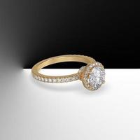 gold halo engagement ring with round center stone and side diamonds on shank 3d render photo