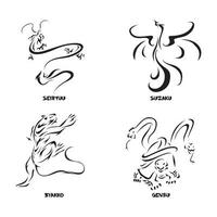 Vector illustration, set of animal deity protector designs, black and white graphics