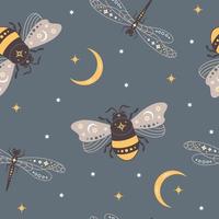 Seamless pattern with mystical bees and dragonflies. vector