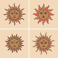 Set of boho mystic and celestial suns with faces. Vector color and line collection.