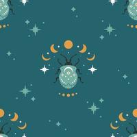 Seamless pattern with mystical bugs. Celestial insects with moon and stars vector