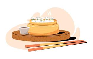 Asian food - dim sum in Steamer, chopsticks and sauce. Chinese wontons vector