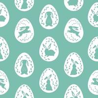 Happy Easter seamless pattern with cute bunnies inside eggs in green color. Rabbit character silhouette vector