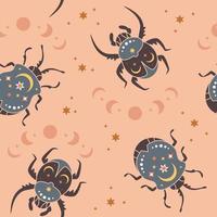 Seamless pattern with mystical bugs. Celestial insects with moon and stars vector