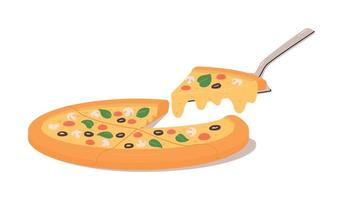 Italian pizza with slice. Pizza with mushrooms, tomatoes, olives and cheese. vector