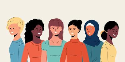 Six women of different nationalities and cultures. Happy girls together. International women's day. vector