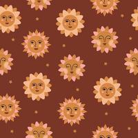 Seamless pattern of colorful abstract Suns with faces and stars. vector